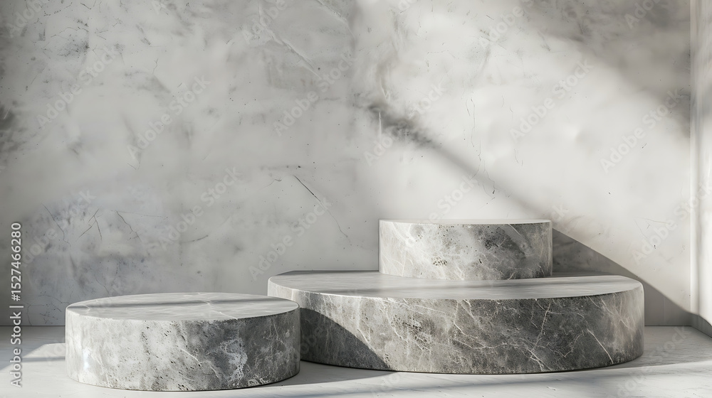 Aufkleber three round marble podiums of varying heights are arranged in a studio setting against a textured wa