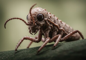 Fototapeta premium Close up of a brown insect with large eyes on a leafy surface, showcasing its detailed texture and form. Natural macro photo.