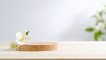 Elegant Wooden Display Stand with Jasmine Flowers Minimalist Product Presentation.