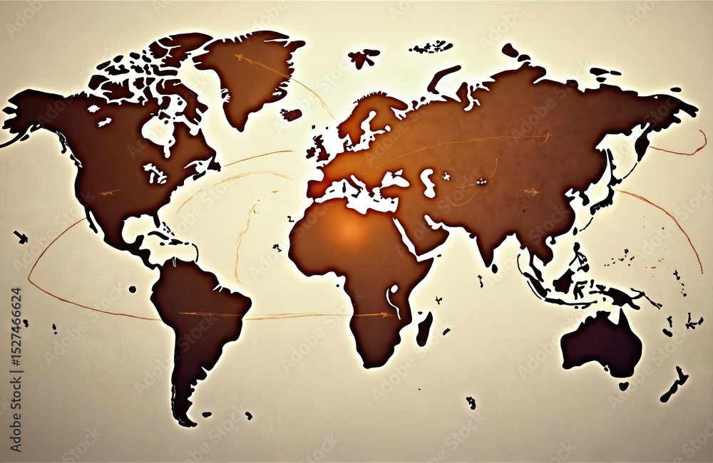 Poster stylized world map with intricate lines representing transportation routes. connecting continents, c