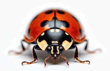 Fototapeta premium Close-up of a vibrant ladybug with distinctive spots. Red, orange and black colors. Insect, nature, entomology. Detailed macro shot showcases the beauty of ladybug. Isolated on a white background.