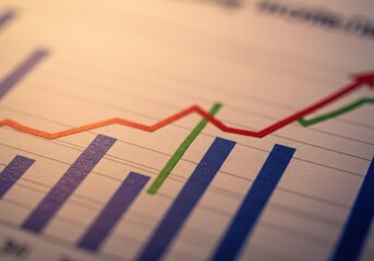 Financial graph with red and green arrows and blue bars. Business growth chart for investment analysis.