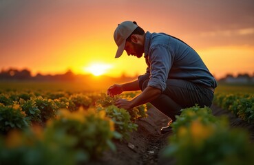 Agronomist inspects sugar beet plants sunset. Farmer examines crops, sunlight illuminates field. Healthy organic farming. Agricultural worker monitoring growth. Harvest season, eco-friendly