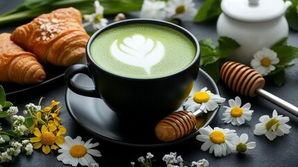 Matcha latte with croissants and flowers.  A delightful breakfast scene