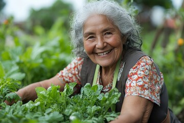 Fototapeta premium Happy elderly woman gardening, tending to plants in her yard with care and a bright smile, Generative AI
