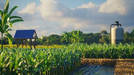 A vibrant rice paddy with solar panels above reflecting the clouds and blue sky