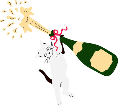 A humorous cat soaring through the air while holding a champagne bottle, full of fun energy.
