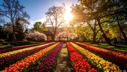 Striking Sunset Over Rows of Colorful Tulips in a Garden