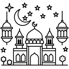 Mosque silhouette with crescent moon and stars