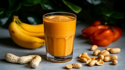 Orange smoothie with banana, peppers, and peanuts