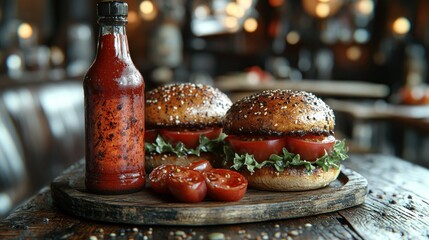 Delicious burgers, vibrant sauce, and fresh tomatoes on a rustic wooden board