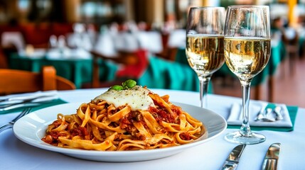 Pasta dish with tomato sauce, mozzarella, and basil, alongside wine glasses in a restaurant