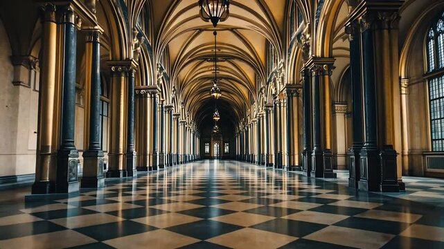 Grand arched hallway with columns and checkered floor