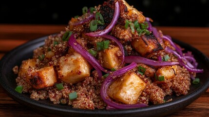 Quinoa and paneer dish topped with roasted red onions and spring onions