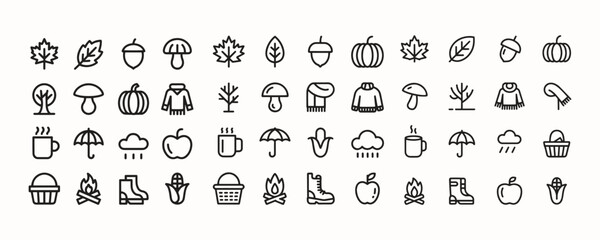 Autumn Line Icon Set. Fall Leaves, Harvest, Seasonal Thin Line Vector Illustration