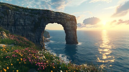 Rocky archway over the sea at sunset with wildflowers