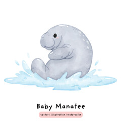 Cute manatee sea cow dugong in watercolor illustration vector