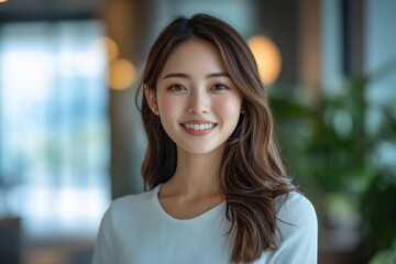 Confident female smiling at the camera in an office lobby, exuding professionalism and readiness as she prepares for an important business meeting or presentation, Generative AI