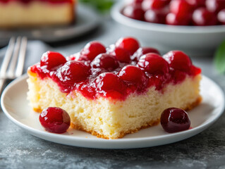 Slice of cherry upside down cake sits on white plate, showcasing moist vanilla base topped with glistening red cherries. vibrant dessert is surrounded by additional cherries, enhancing its appeal
