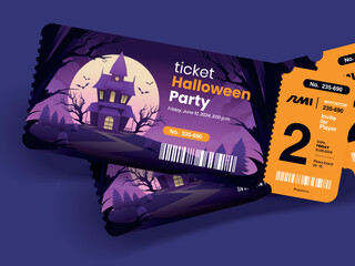 Festive Halloween party tickets. Invitation flyer or poster for all saints in spooky cartoon style. Vector illustration of all saints day club event entrance tickets.
