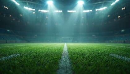 Low angle of illuminated football field. Green grass with white lines under spotlights. Stadium lights in the night. Atmosphere of anticipation before the match.