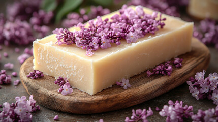 Bar of handmade soap adorned with vibrant purple lilac flowers rests on wooden dish, creating natural and aromatic display. soap creamy texture contrasts beautifully with delicate blossoms