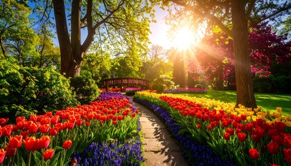 Sunlit Garden Path with Colorful Tulips