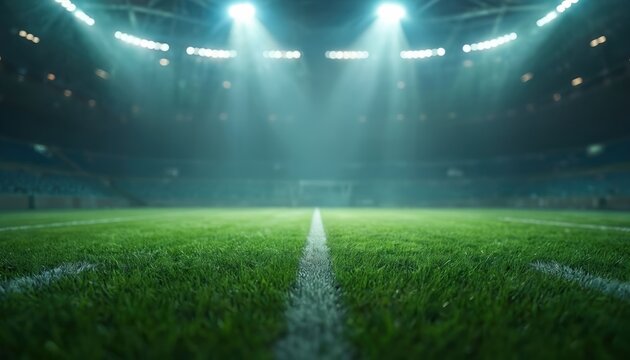 Low angle of illuminated football field. Green grass with white lines under spotlights. Stadium lights in the night. Atmosphere of anticipation before the match.