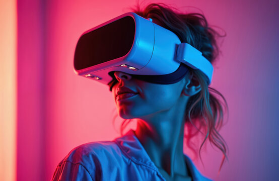 Young woman wearing VR glasses, in neon metaverse. Modern tech concept of future experience, virtual world. Portrait girl in cyberspace, gaming, entertainment. Digital innovation, augmented reality.