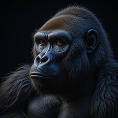 Obraz premium Portrait of a Serious Gorilla with Intense Gaze Against Dark Backdrop