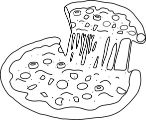 Pizza outline with slice being lifted showing melted cheese and toppings in simple black line drawing style
