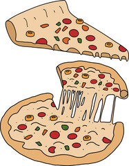 Cheesy pizza slice being lifted from whole pizza with colorful vegetable toppings and melted cheese stretching delightfully