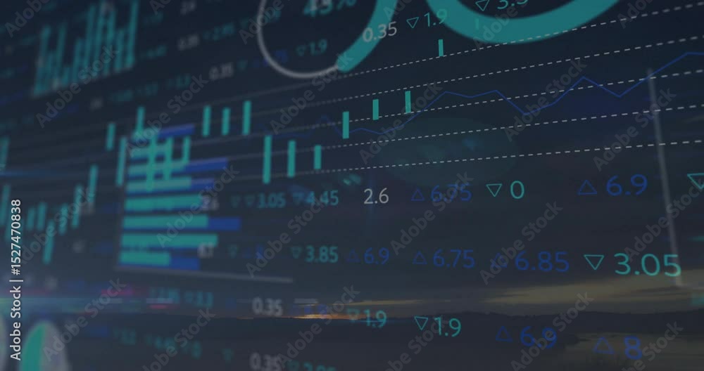 Poster scene load launching financial charts animating bars updating values and fading to reveal lake dusk