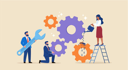 Team Working Together with Oversized Mechanical Gears – Vector Illustration