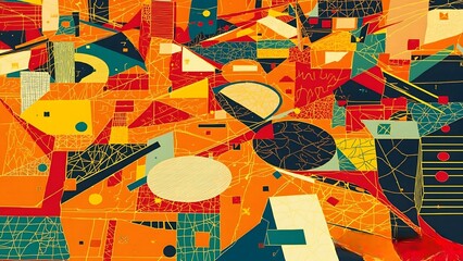 A colorful abstract painting with many shapes and squares