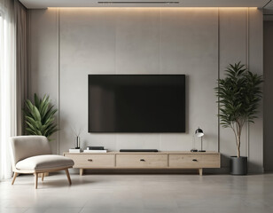 Modern living room interior with flat screen TV, concrete wall. Grey shades furniture, minimalist decor, wooden shelf, white chair, beige colors. Cozy, comfortable, stylish, elegant, simple,
