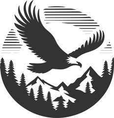 Forest tree with eagle wildlife bird vector drawing silhouette