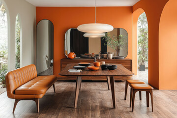 Mid-century Modern Dining Room with Terracotta Dinnerware and Leather Bench