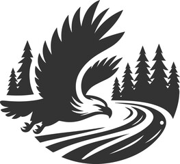 Forest tree with eagle wildlife bird vector drawing silhouette