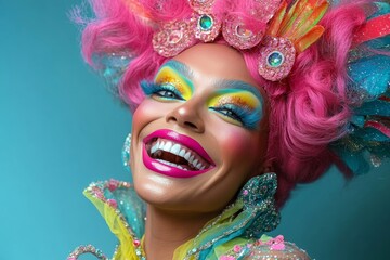 Excited drag queen smiling at the camera with vibrant makeup and fashion, exuding confidence and celebrating individuality and self-expression, Generative AI