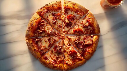 Sliced pizza with bacon, pepperoni, and cheese on a marble surface