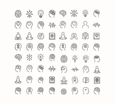 brain awareness line icons set. mental health, cognition, neuroscience, psychology vector illustration