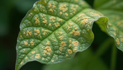 Close-up of soybean leaf affected fungal disease. Green foliage with yellow-brown spots. Infestation impact leaves. Focus on texture, detail. Agriculture research, botany, organic crop protection.