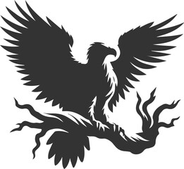 Forest tree with eagle wildlife bird vector drawing silhouette