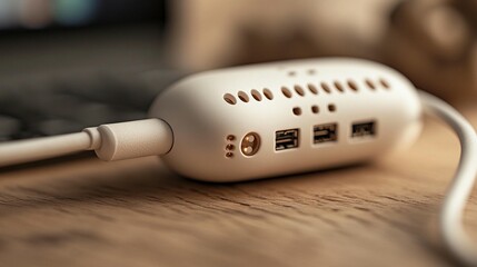 Small, white, oval-shaped device with vents and multiple ports, connected to a cord, sitting on a wooden surface.  Close-up shot