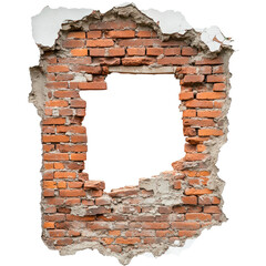 Broken Brick Wall with Rough Edges and Large Hole Isolated on White Background