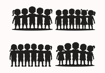 Group of children standing together, embracing in silhouette vector art illustration