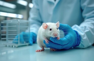 Scientist working in pharmaceutical laboratory with white lab rat. Research, testing, medical experiment, drug development, animal testing, life science. Biotechnological innovation, health care,