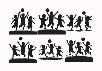 Children playing with balls, jumping and having fun vector art illustration 