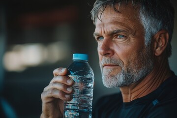 Senior fitness man drinking water after completing a workout, maintaining his health and stamina by staying hydrated and committed to an active lifestyle, Generative AI